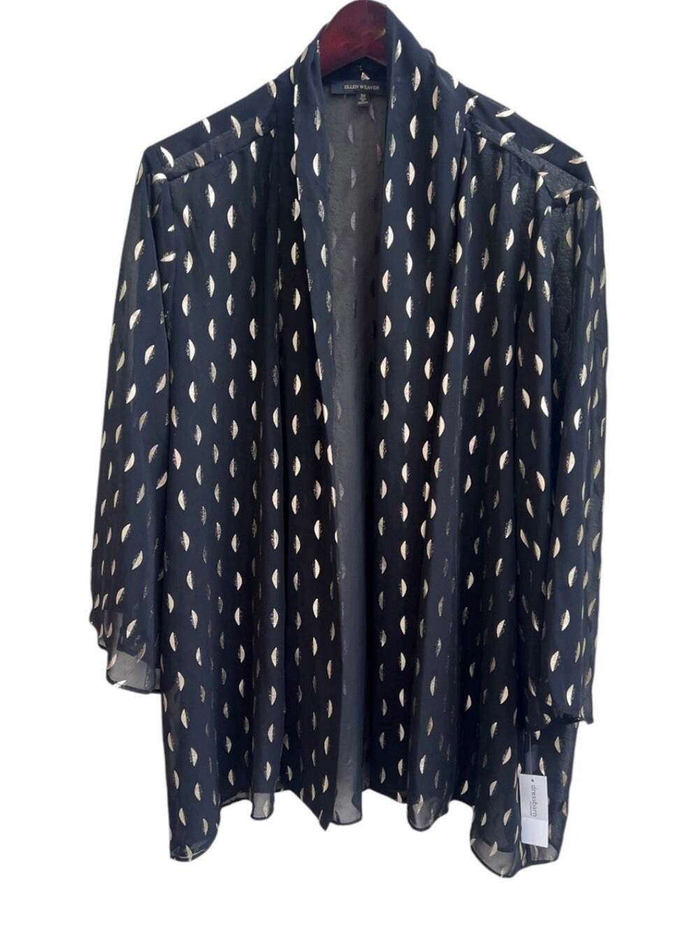 Ellen Weaver Dressbarn NWT Plus Sz 3X Sheer Open Cardigan Black Gold Chiffon